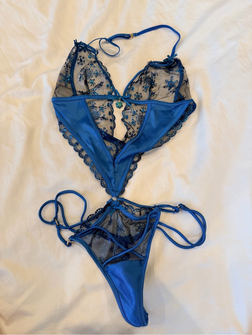 ❄️ NEW Honey Birdette Sassy K Blue Sheer Snowflake Lace Playsuit - XS ❄️ - Picture 2 of 6
